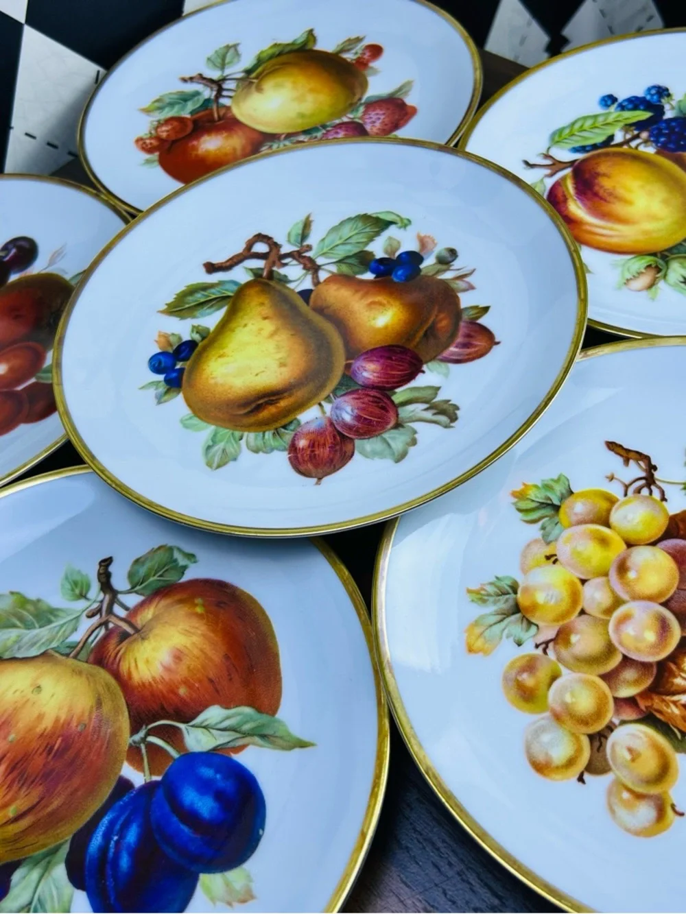 Vintage Mitterteich Bavaria Fruit Plates Set‎ of 6 Gold Rim German Porcelain
